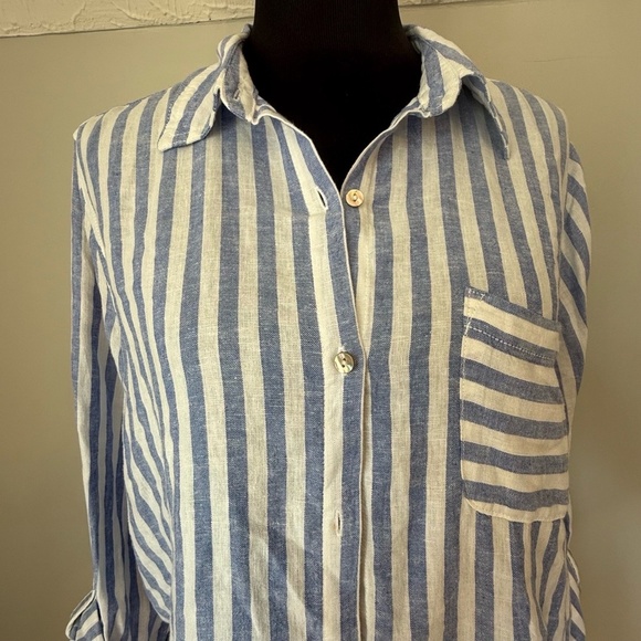 Nicole Miller Large Blue White Striped Linen 3/4 Sleeve Button Down - Picture 2 of 7